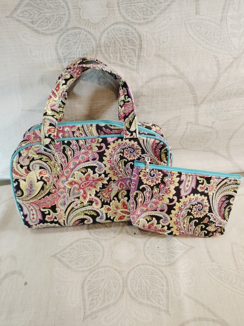 2pc Paisley Quilted Cosmetic Bag Set - Black with Pink & Turquoise